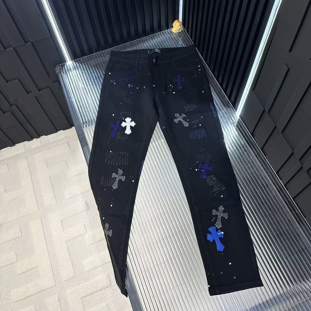European and American High Street Style Black Cross Badge Rhinestone Ripped Jeans Men's Slim Fit Casual Pants Trendy Brand