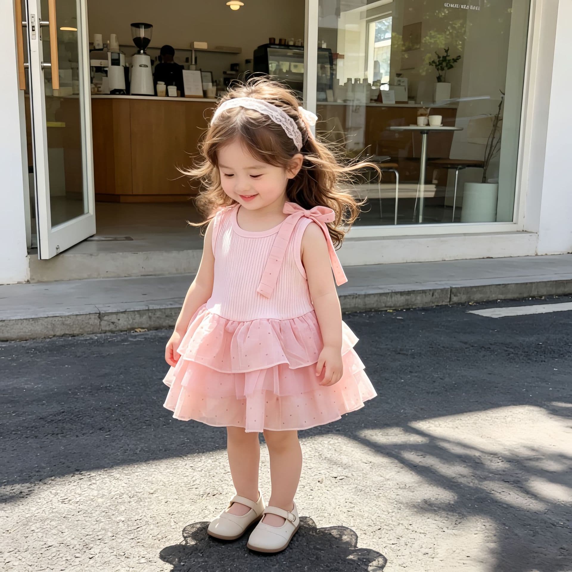 Girls' Summer New Sleeveless Dress, Sweet and Stylish Polka Dot Cake Tulle Dress, Wide Shoulder Princess Gown Dress