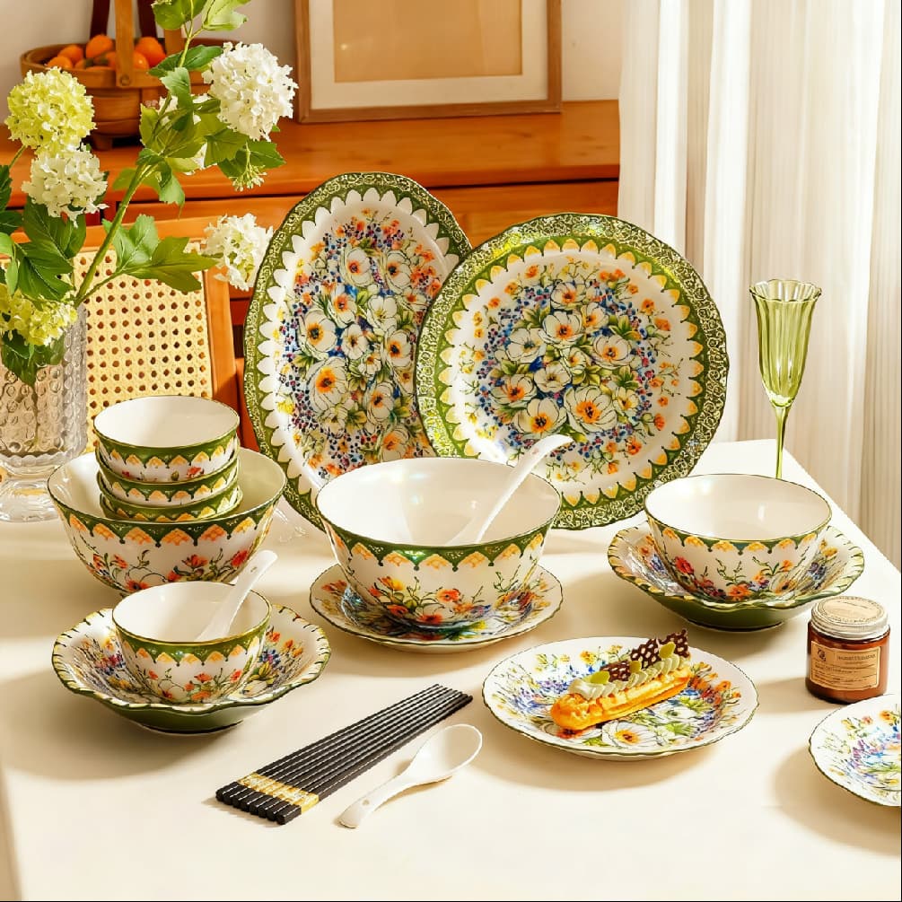Underglaze Polish Jasmine Series Nordic Style Bowl and Plate Set Household Tableware Gift Box Set Creative Practical Ceramic