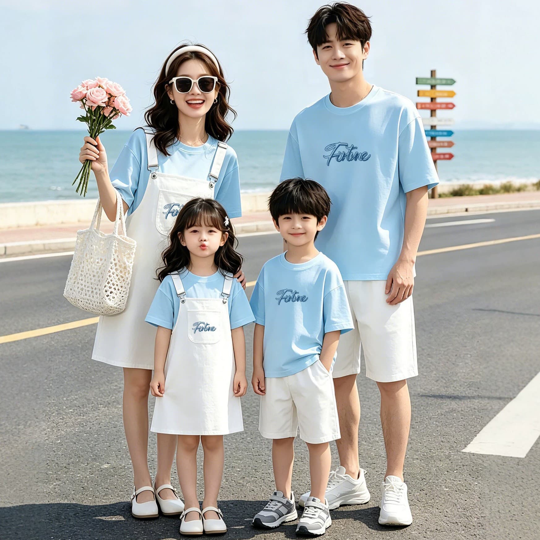 Travel and vacation parent-child wear 2026 new denim suspender skirt suit mother and daughter wear pure cotton short-sleeved shorts two-piece set
