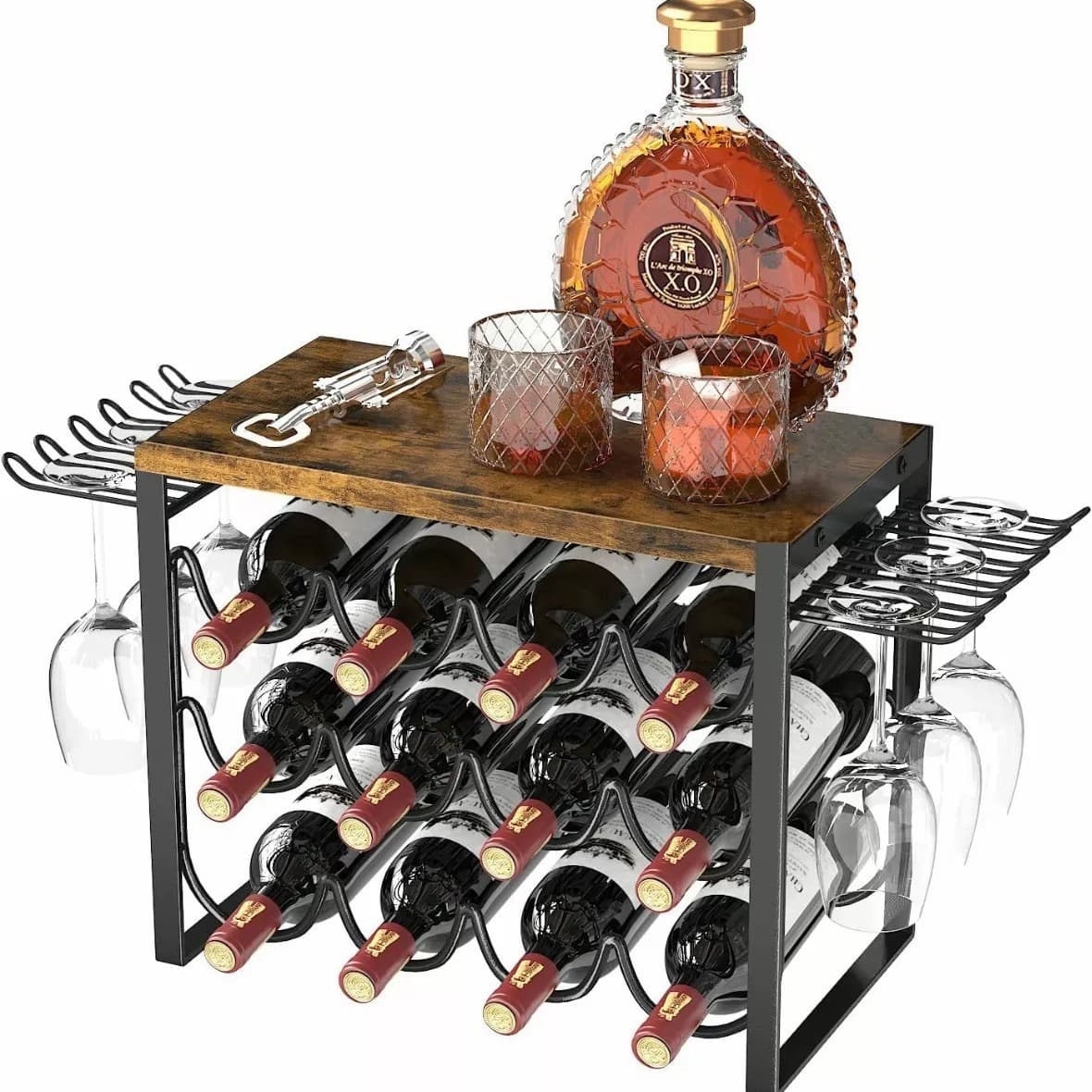 European-style wrought iron wine rack, bar and home countertop decoration, detachable and assembleable wine and glass storage rack.