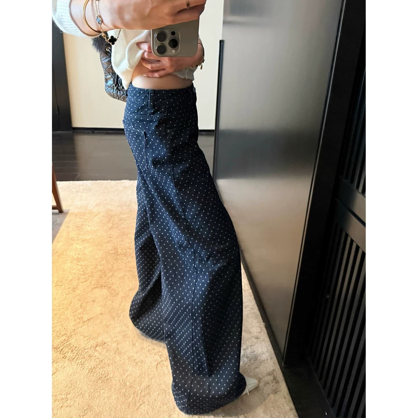 American Casual Everyday Polka Dot Jeans for Women, 2026 Summer New Design Relaxed Curved Knife Wide-Leg Pants