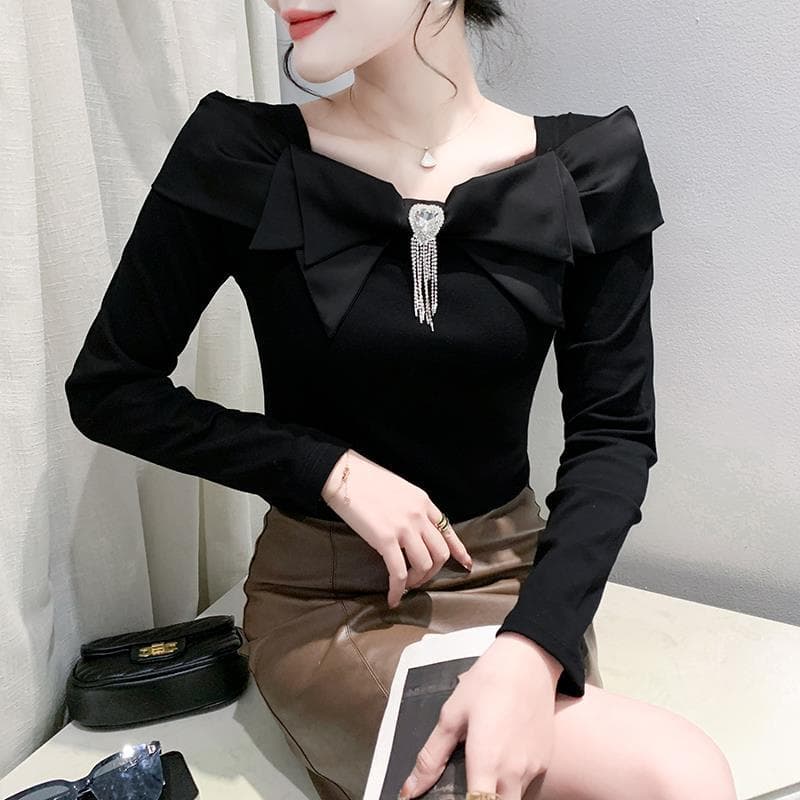 European-style square-neck T-shirt for women, long-sleeve autumn/winter new arrival, chic bow blouse, stylish fitted versatile base layer top