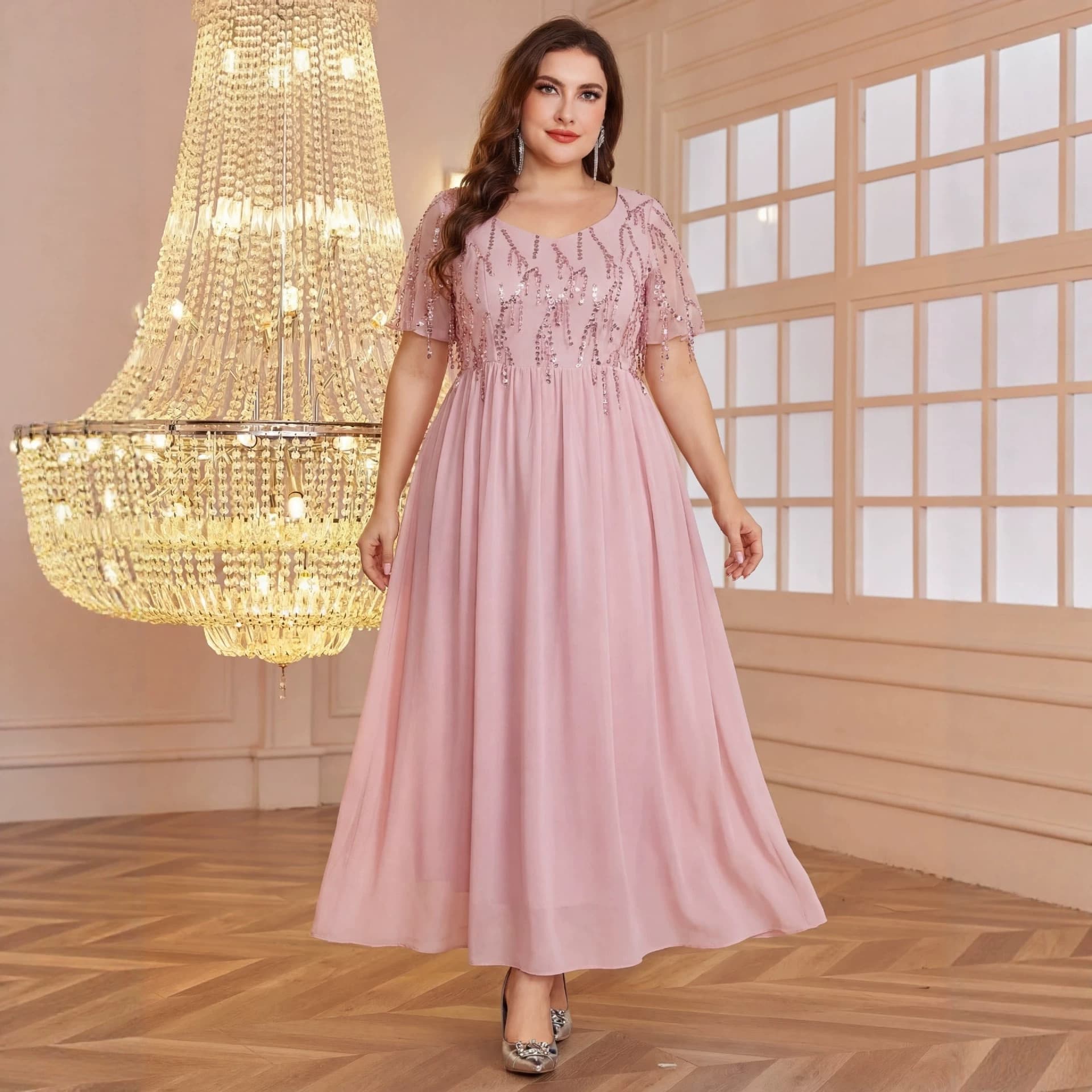 Sequin spliced chiffon pink mid-length cross-border evening dress European and American plus size women's clothing for fat mm