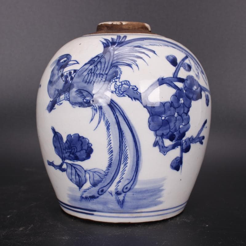 Late Qing Dynasty Folk Kiln Blue and White Hand-Painted Flower and Bird Pattern Jar Chinese Ornament Antique Replica Vintage Collectible