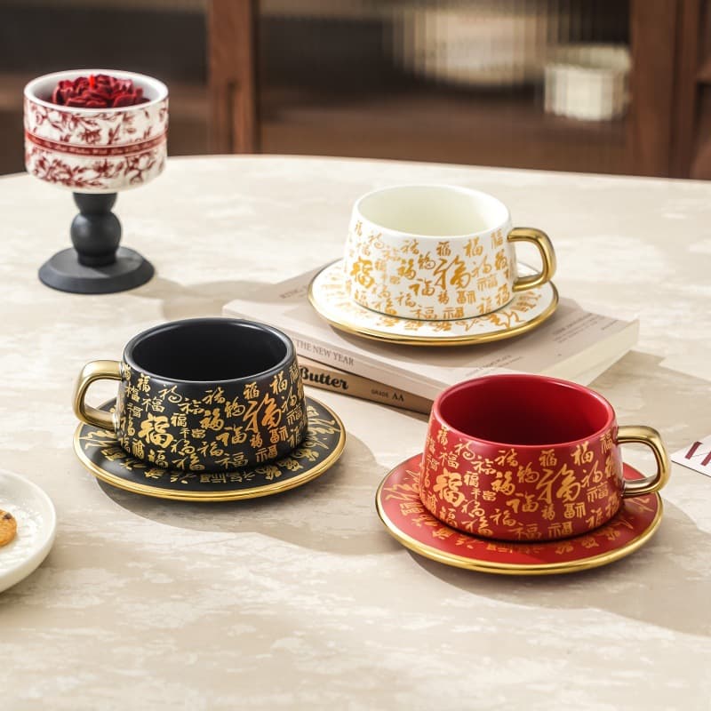 High-end ceramic cup, French retro coffee cup and saucer, afternoon tea, light luxury coffee cup, home couple milk cup