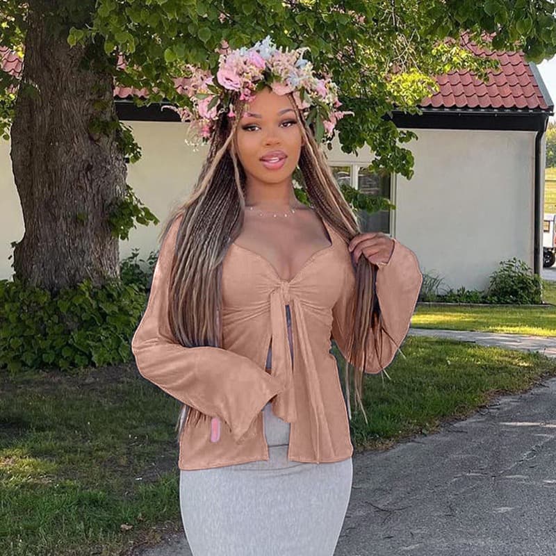 AC598 European and American clothing autumn Amazon new solid color twisted bell sleeves slit crop top T-shirt for women