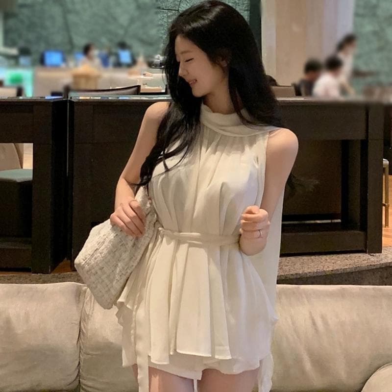 Korean Dongdaemun New Spring/Summer Style Elegant Neckline Tie Waist Sleeveless Chiffon Shirt/T-Shirt Top for Women