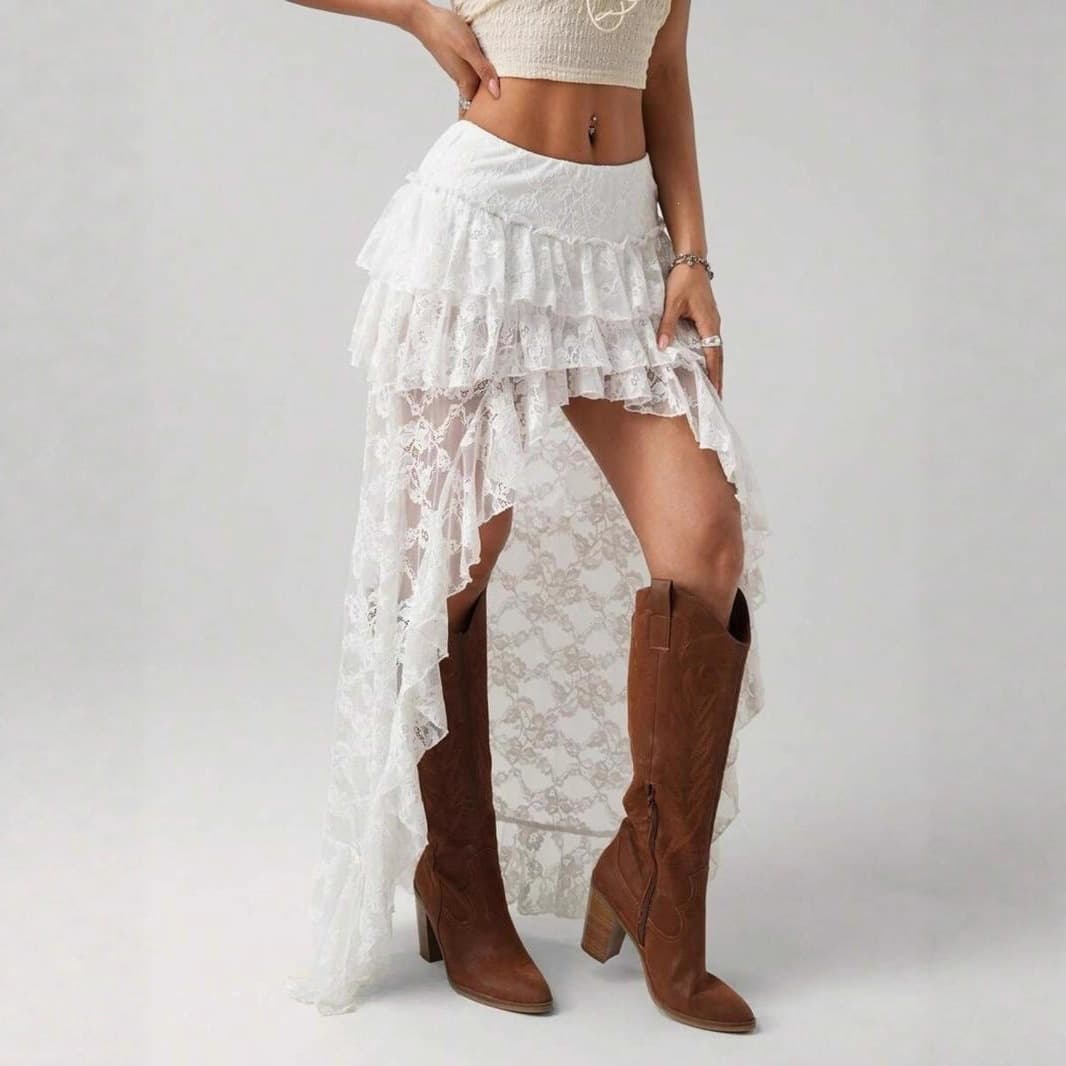 Independent Station 2025 Summer European and American Sexy Lace Skirt Cowgirl Style Irregular Design Women's Skirt
