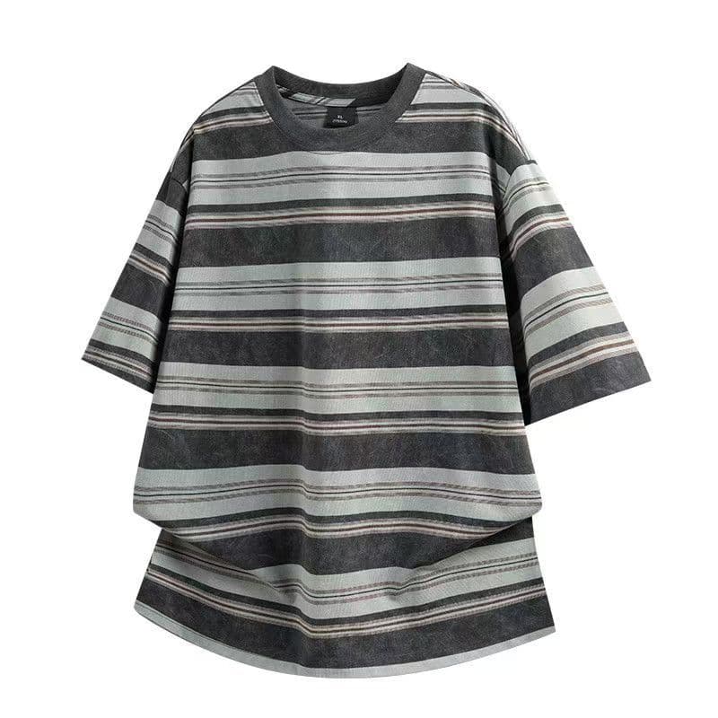 Heavyweight Cotton Tie-Dye Striped T-Shirt for Men, New Summer Round Neck Loose Short Sleeve Top