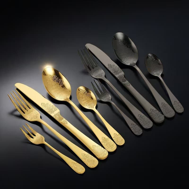 Cross-border Amazon Light Luxury Pattern Stainless Steel Western Tableware Hotel Steak Knives, Forks and Spoons Retro Mirror Set