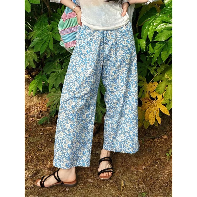 Korean Pastoral Floral Print Casual Pajama Pants for Women, New Summer High-Waist Loose Wide-Leg Pants, Homewear Long Pants Suitable for Outdoor Wear