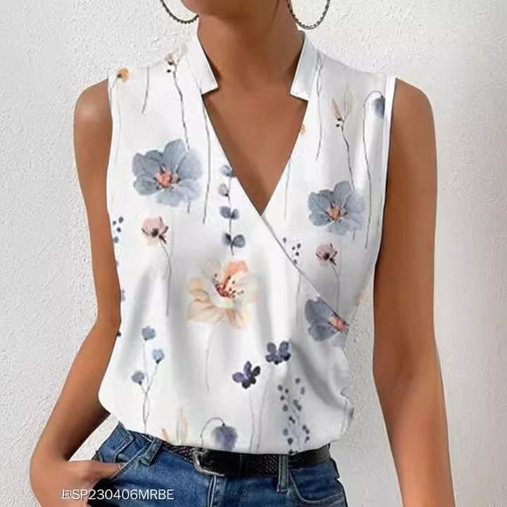 Women's Casual V-Neck Regular Pullover Digital Print Temperament Top T-Shirt Vest for Europe and US Markets