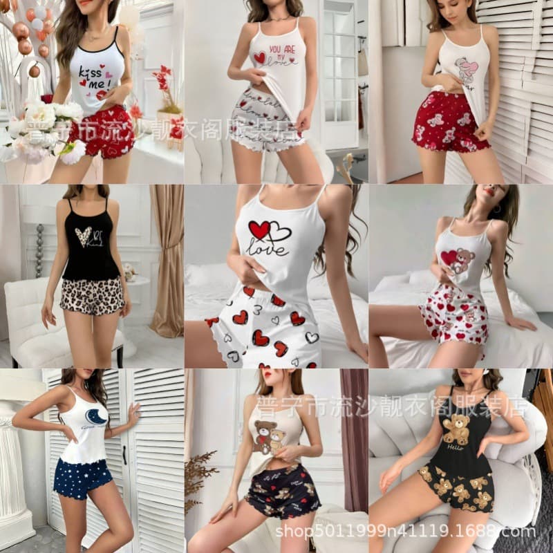 European and American Cross-Border Hot Selling Women's Homewear Love Print Sling Shorts Casual Outerwear Women's Pajama Set
