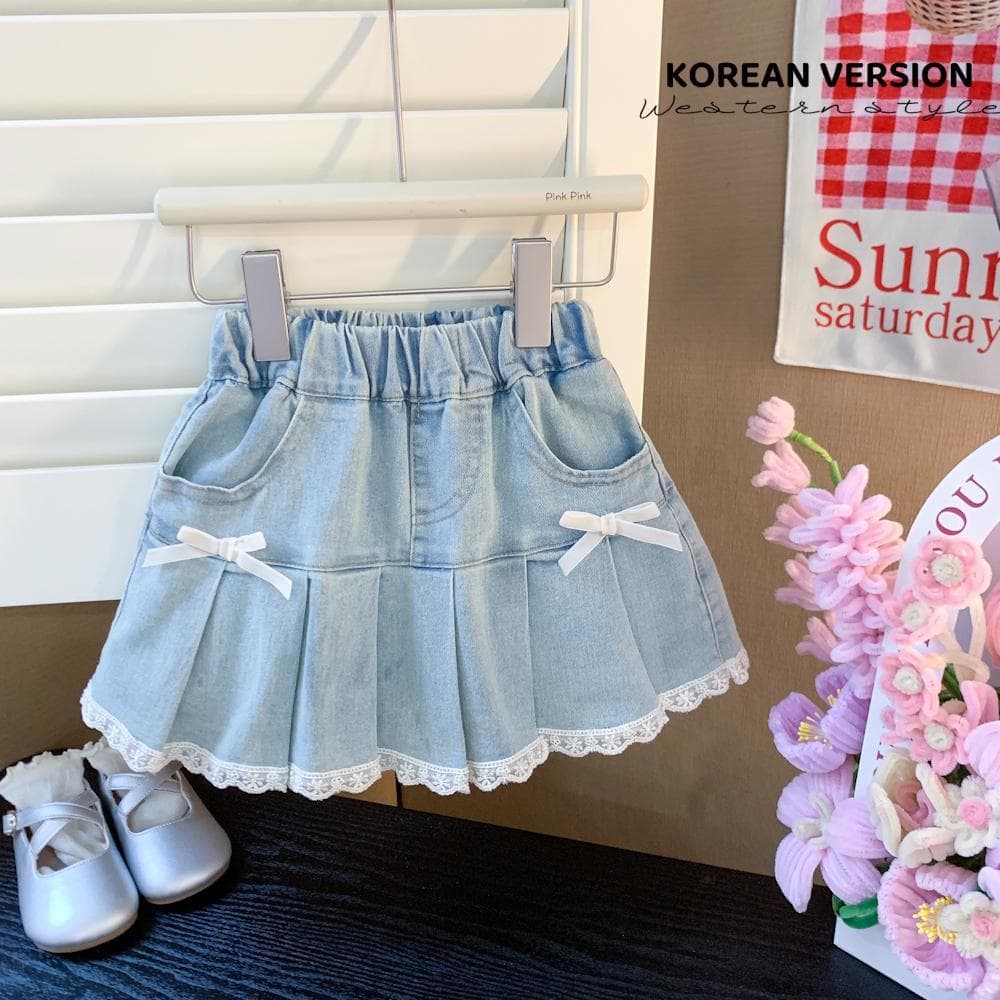Girl's Summer Denim Skirt Baby Girl Korean Version New Fashion Cute Bow Lace Trim Pleated Skirt Trendy