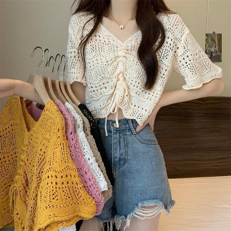 New Korean Design Hollow Drawstring Short-Sleeve Knit Top 2024 Summer New Retro Short Crop Top