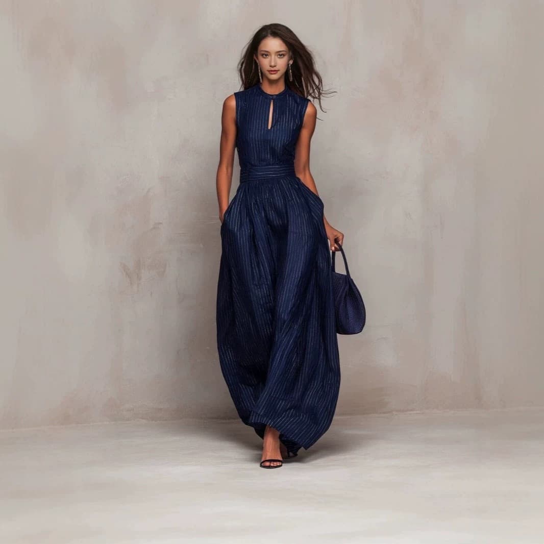 European and American Style 2026 New Dark Blue Striped Sleeveless Waist-Cinching Wide-Leg Jumpsuit Women Long Fashionable Cross-Border Women