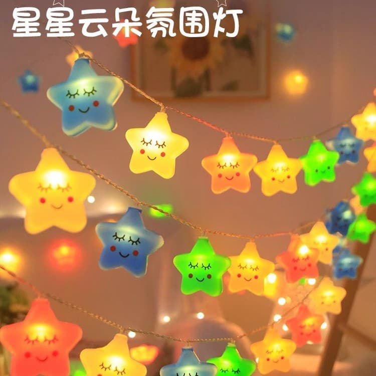 Star, cloud, rainbow decoration, colorful lights, flashing lights, starry string lights, children's birthday room scene ambient lighting