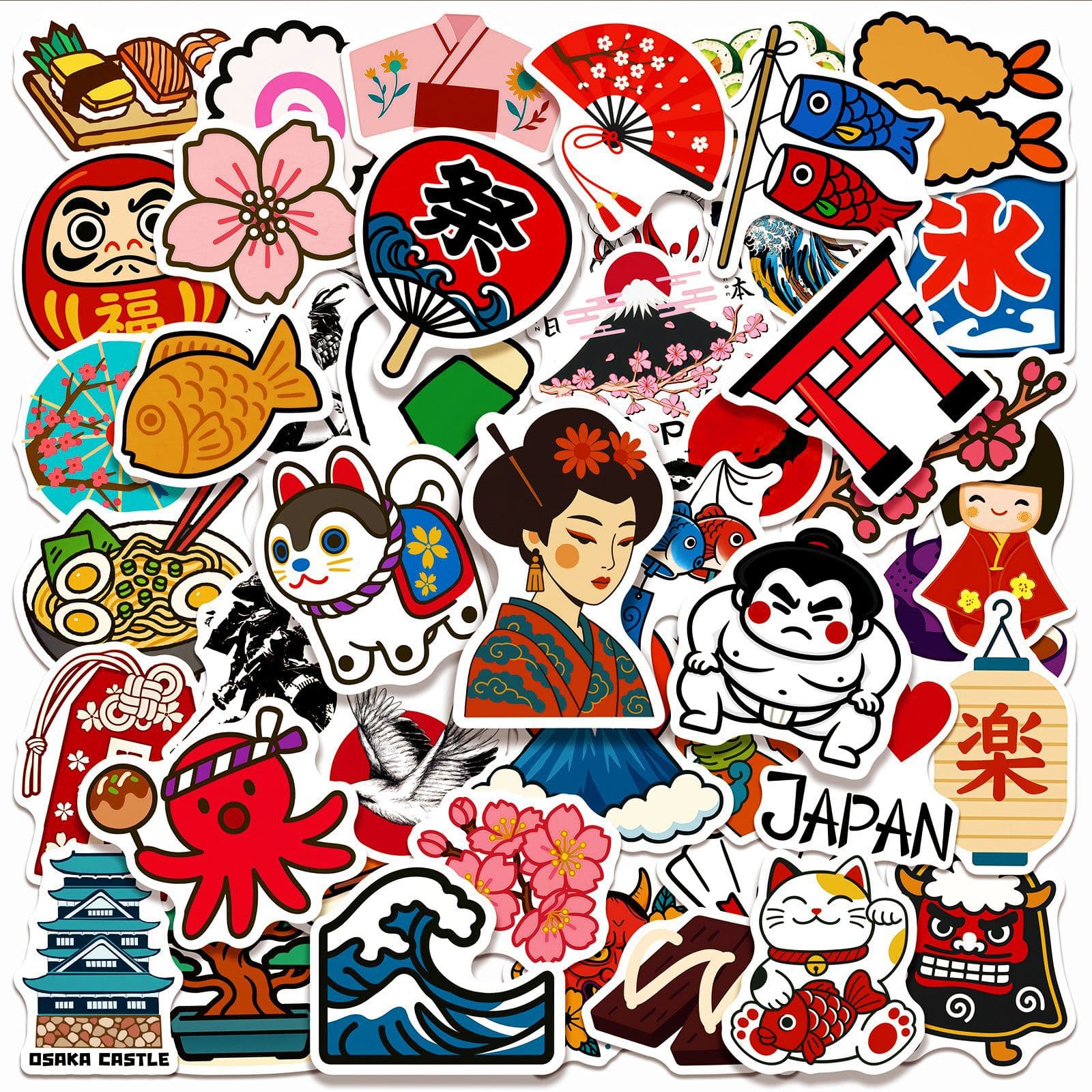 50 Japanese Traditional Culture Cartoon Graffiti Stickers, Waterproof Decorative Stickers for Personalized Water Bottles