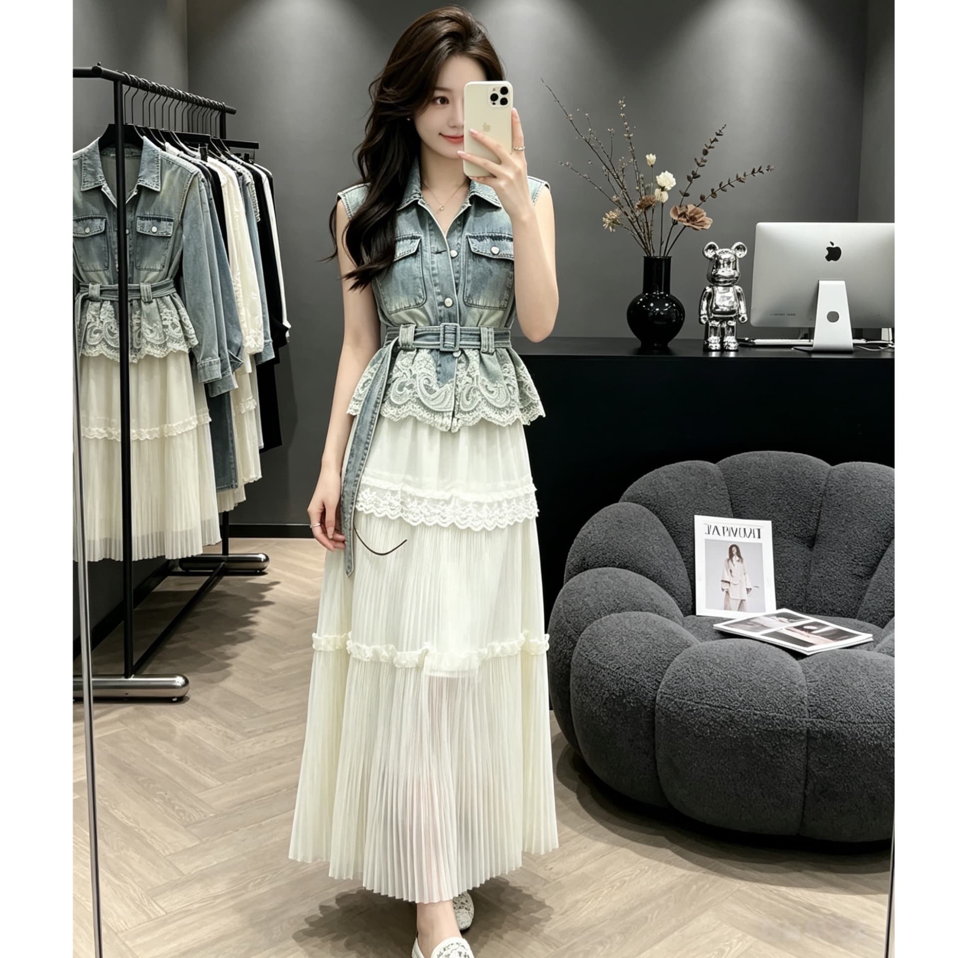 1481 Blue Denim Vest for Women Summer 2026 New Patchwork Lace Sleeveless Top Slim Fit Vest + Skirt