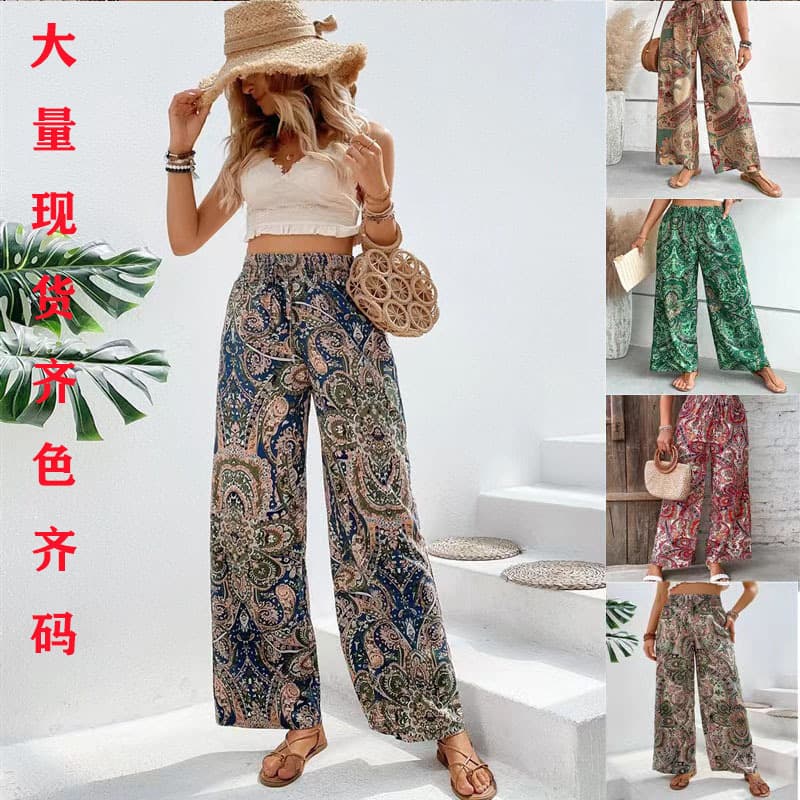 Bohemian Print Wide Leg Pants Women's Casual Long Trousers Summer Spring Fashionable Elastic Waist Beach Sun Protection