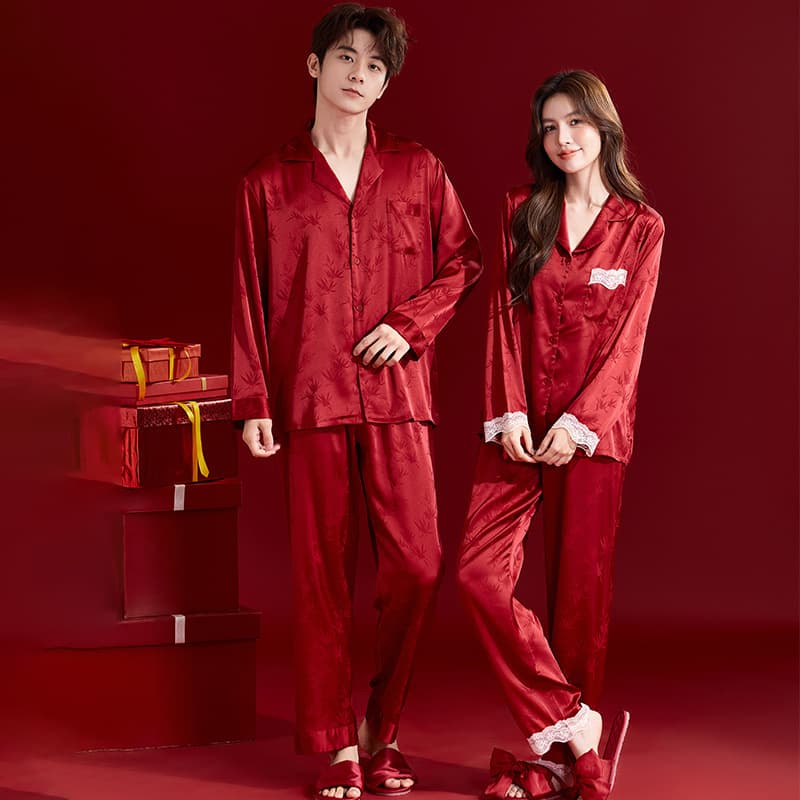 Red Wedding Pajamas Couple Set Ice Silk Bride and Groom Luxury 2026 New Spring Autumn Wedding