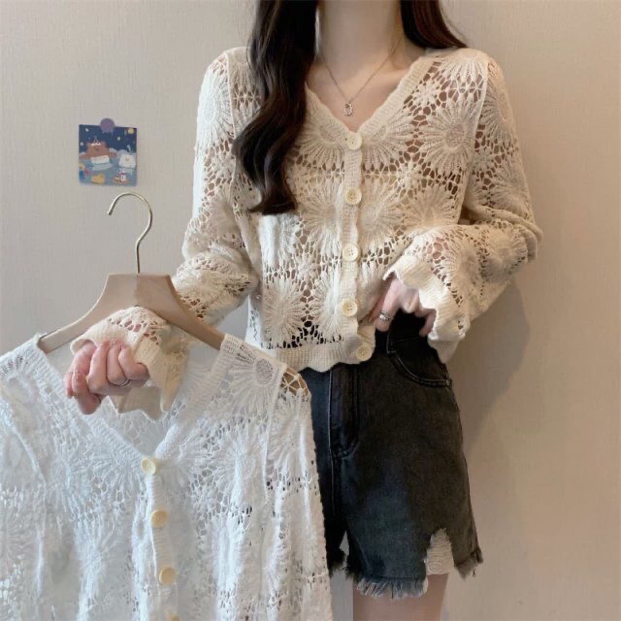 Ethnic style casual crochet button-down knitted sun protection cardigan women's cotton hollowed-out jacket top wholesale handmade