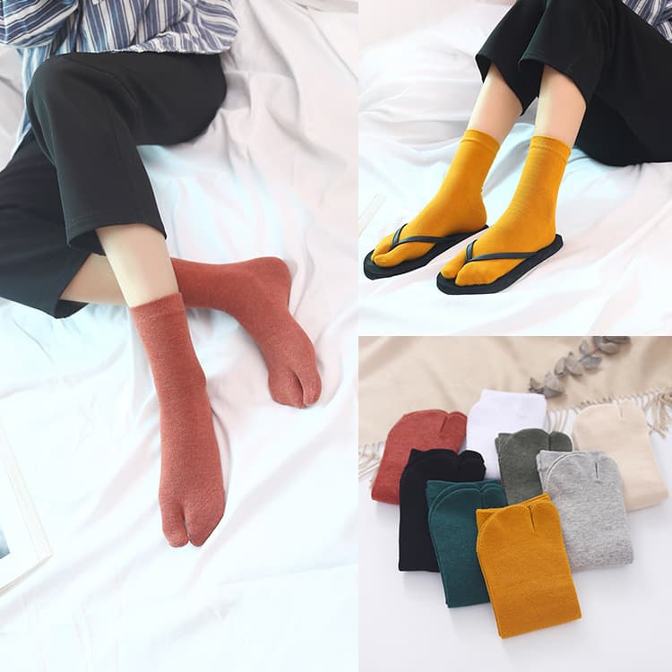 Women's two-finger socks, Japanese-style clogs, autumn and winter cotton split-toe socks, solid color unisex two-finger socks, mid-calf socks