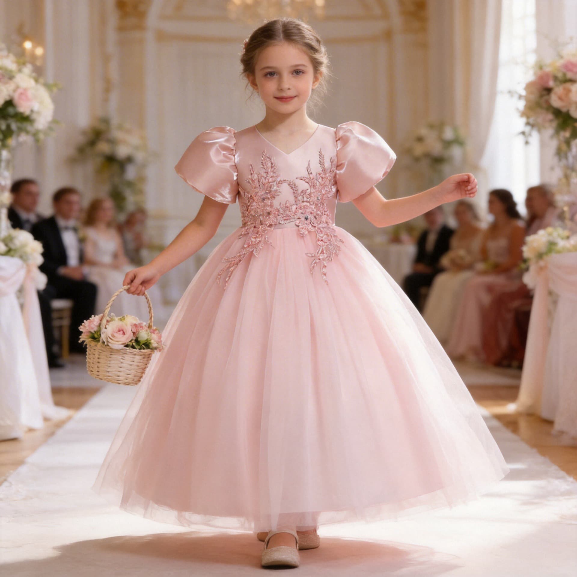 Girls' Long Formal Dress Handmade Rhinestone Dress Puff Short Sleeve Princess Tulle Gown Birthday Party Dress