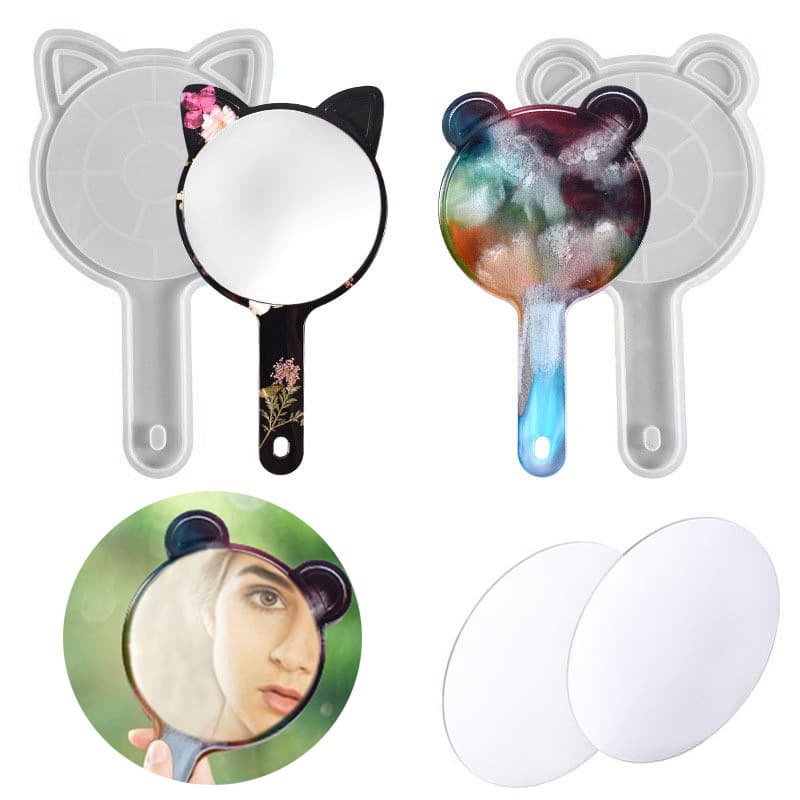 Cross-border Bear Ear Handheld Mirror Resin Silicone Mold Epoxy DIY Cute Cat Head Makeup Mirror Wholesale