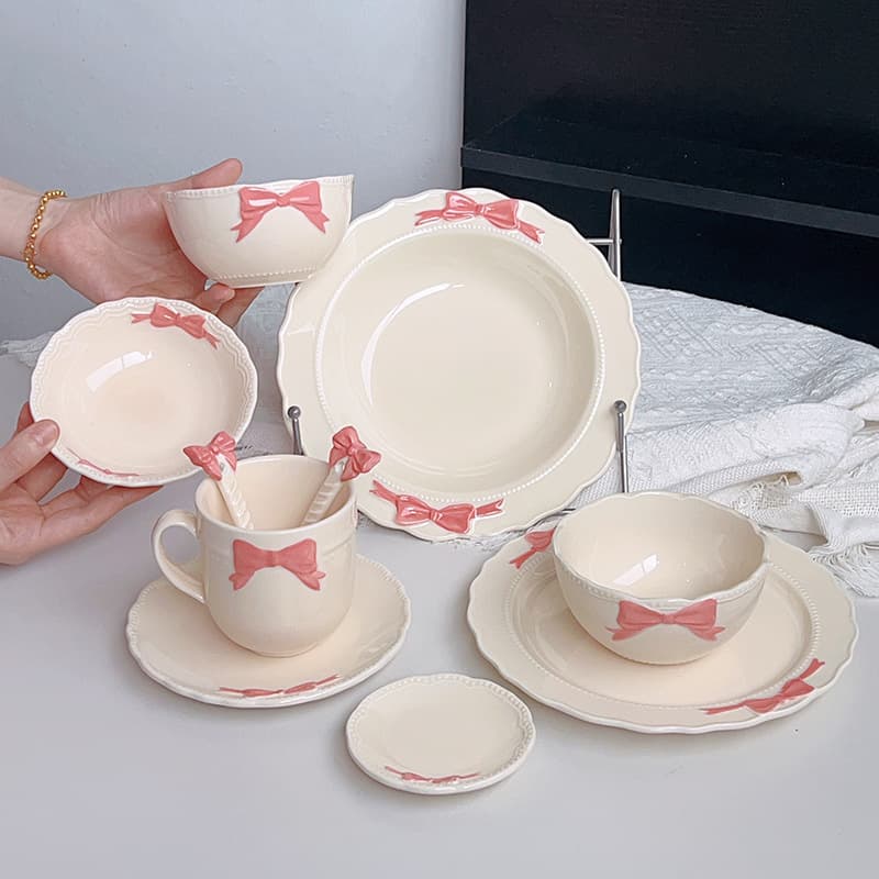High-Aesthetic Bowknot Cute Small Rice Bowl Cake Dessert Plate Deep Bowl Cup Girl-Heart Ceramic Tableware Home Use Dish