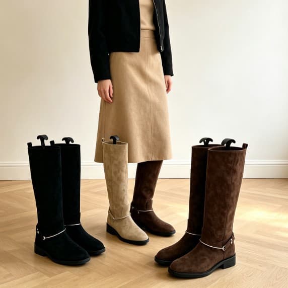 2026 Fall Winter Round Toe Knight Boots for Women, Over-the-Knee Slim Fit Metal Buckle Suede Flat Heel Chunky Heel High Boots
