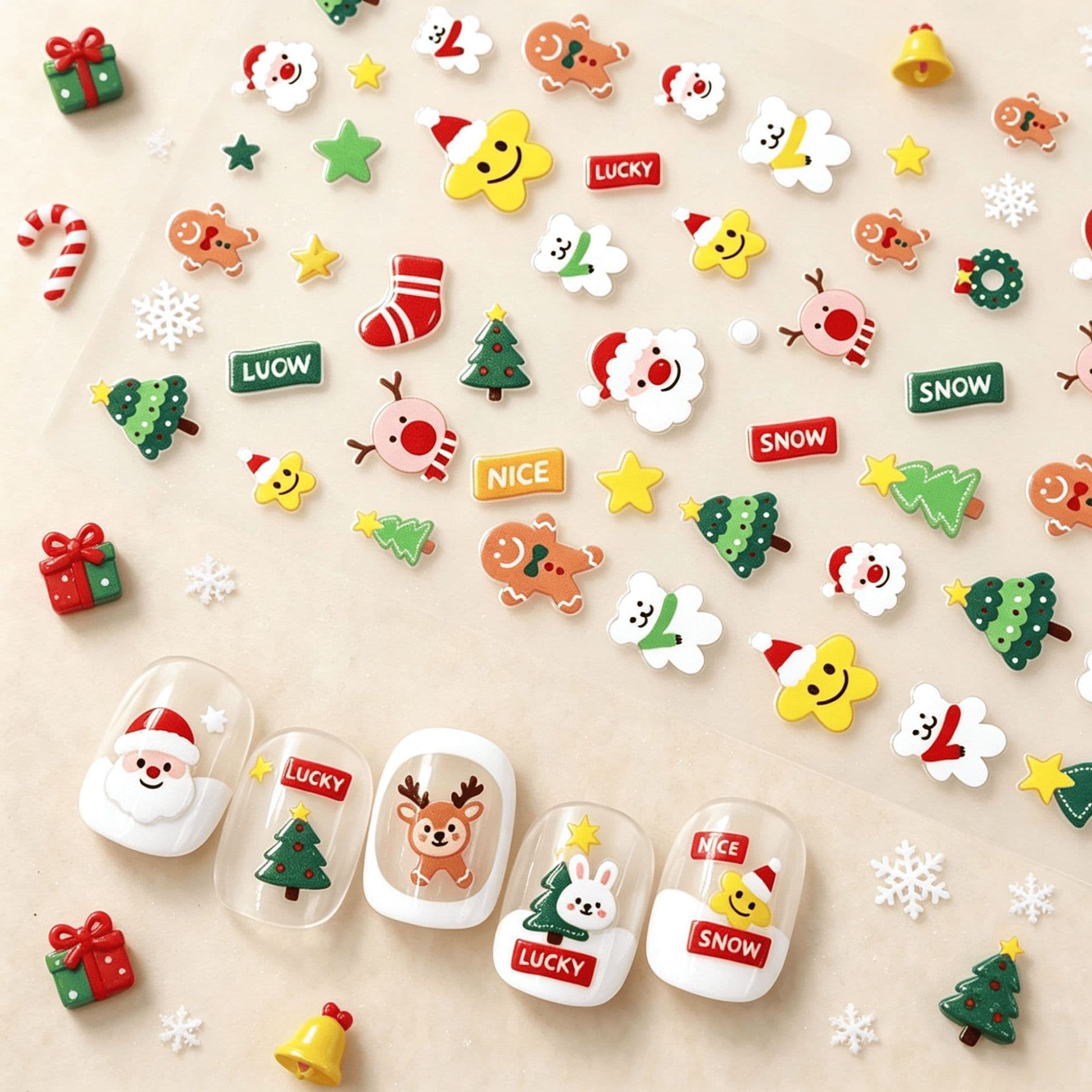 Hot Cross-Border Christmas 3D Embossed Stickers Santa Claus Snowman Christmas Tree Press-On Nail Art Stickers Wholesale