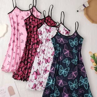 Women's Summer Milk Silk Pajama Dress with Butterfly Print, Comfortable Home Wear, Cross-border Factory Wholesale