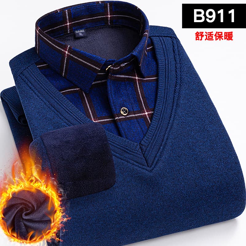 Cotton-Padded Middle-Aged Warm Underwear Men's Fleece-Lined Thick Elderly High-End Fake Two-Piece Top Dad Style Warm Sweater