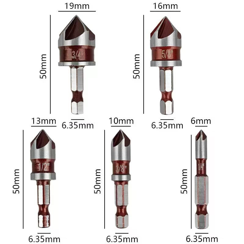 Hex Shank 5-Flute Chamfer Tool Countersink Reamer Woodworking Spot Drill 90 Degree Chamfer Cutter High Precision