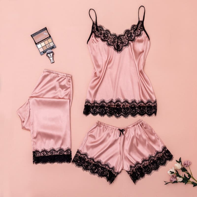Women's Pajama Set 4-Piece Lingerie Plus Size Homewear Manufacturer Amazon Lace European American Style