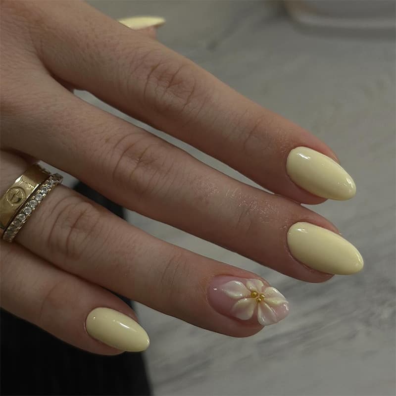 Cross-border Hot Selling Wearable Nails French Yellow Almond Nails 3D Floral Fake Nails Removable Nail Tips Wholesale