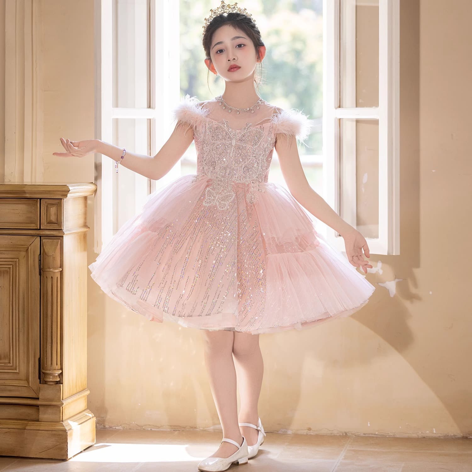Children's Short Pink Ballet Dress for Girls Birthday Princess Dress Little Host Piano Performance Costume