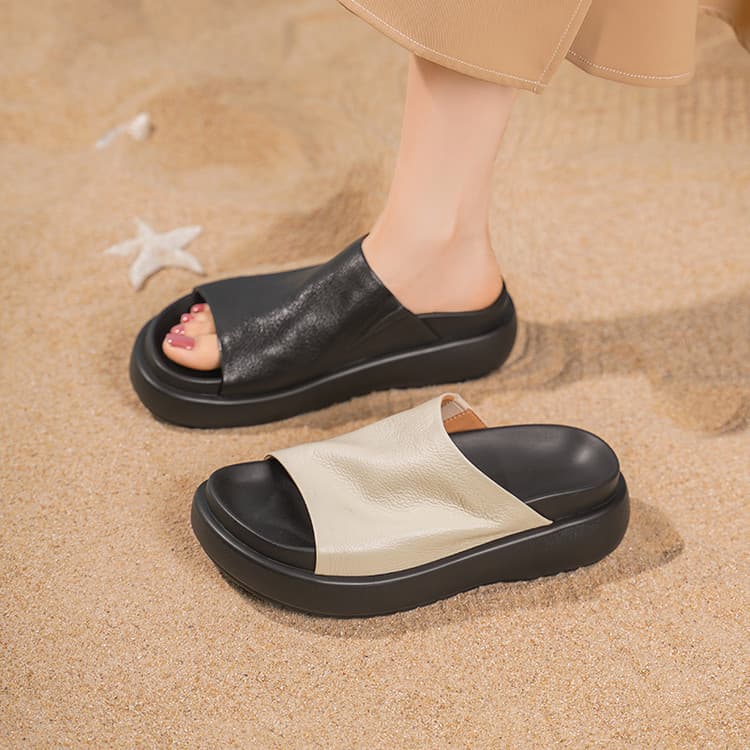 Simple Open-Toe One-Band Thick-Soled Slides Women's 2025 Summer New Round-Toe Slip-On Sheepskin Sandals Outdoor Wear