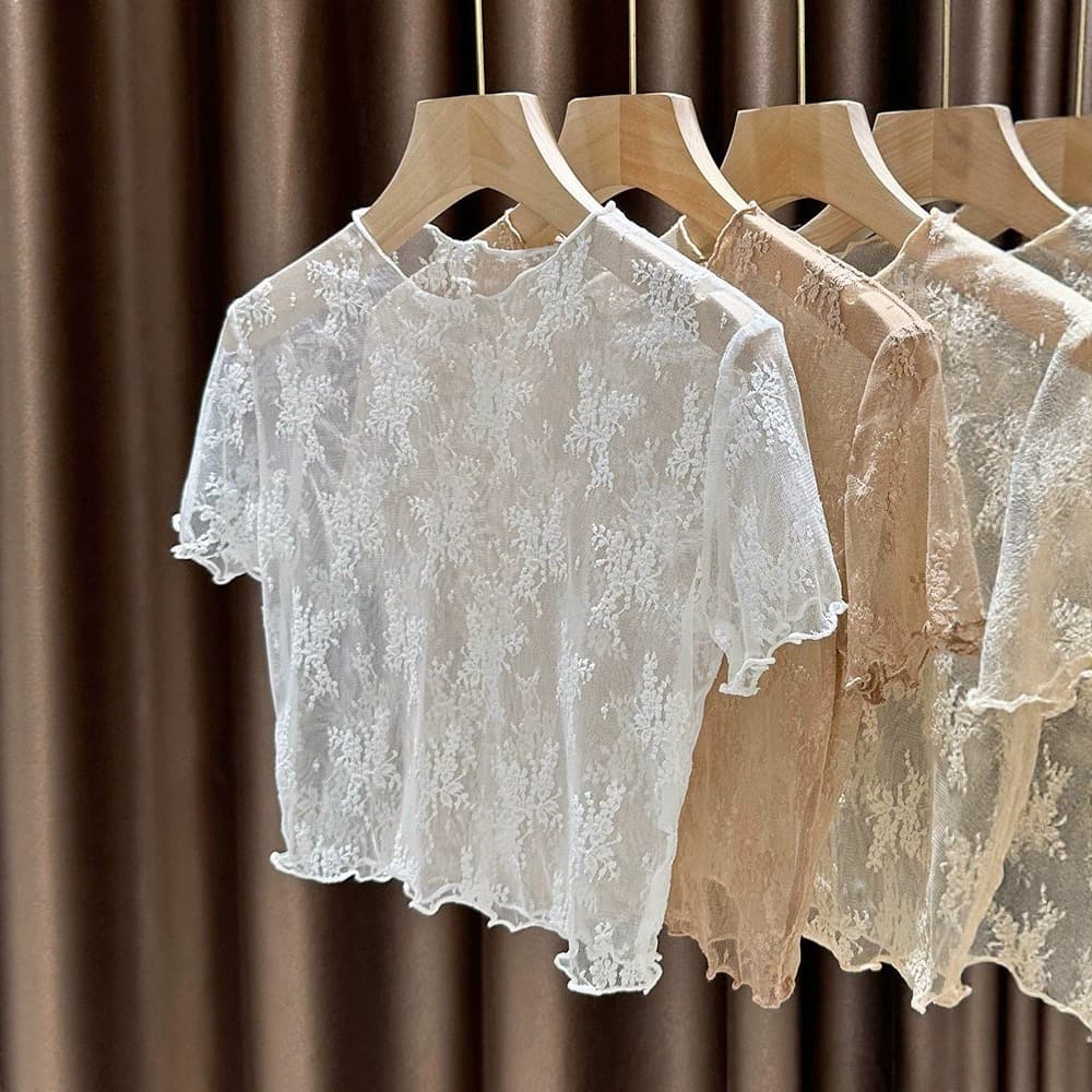 Lace Short Sleeve Top for Women Summer Thin Ruffle Hem Crop Top Mesh Round Neck Inner Wear T-Shirt