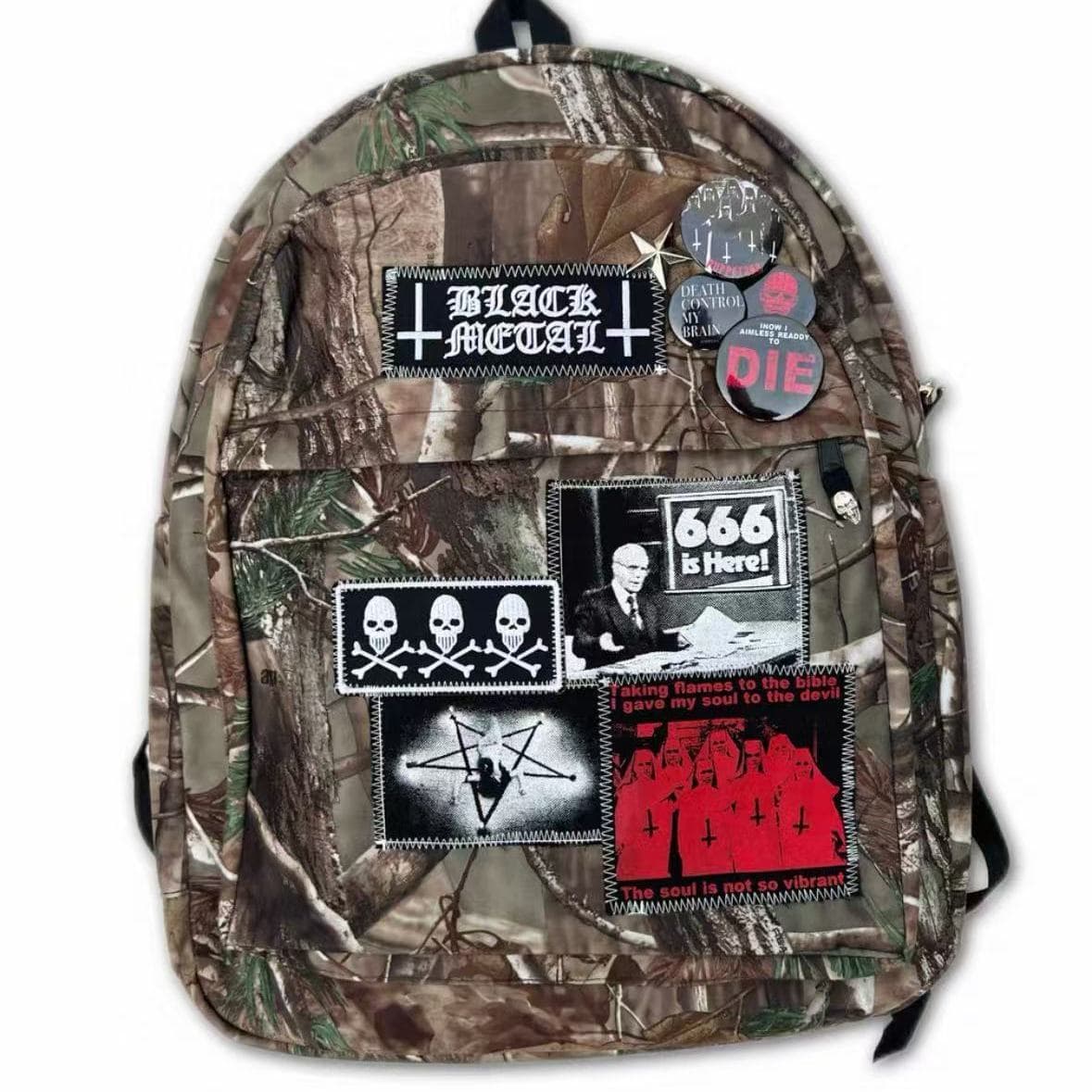 y2k leaf camouflage backpack cross subculture rock dark punk badge backpack school bag