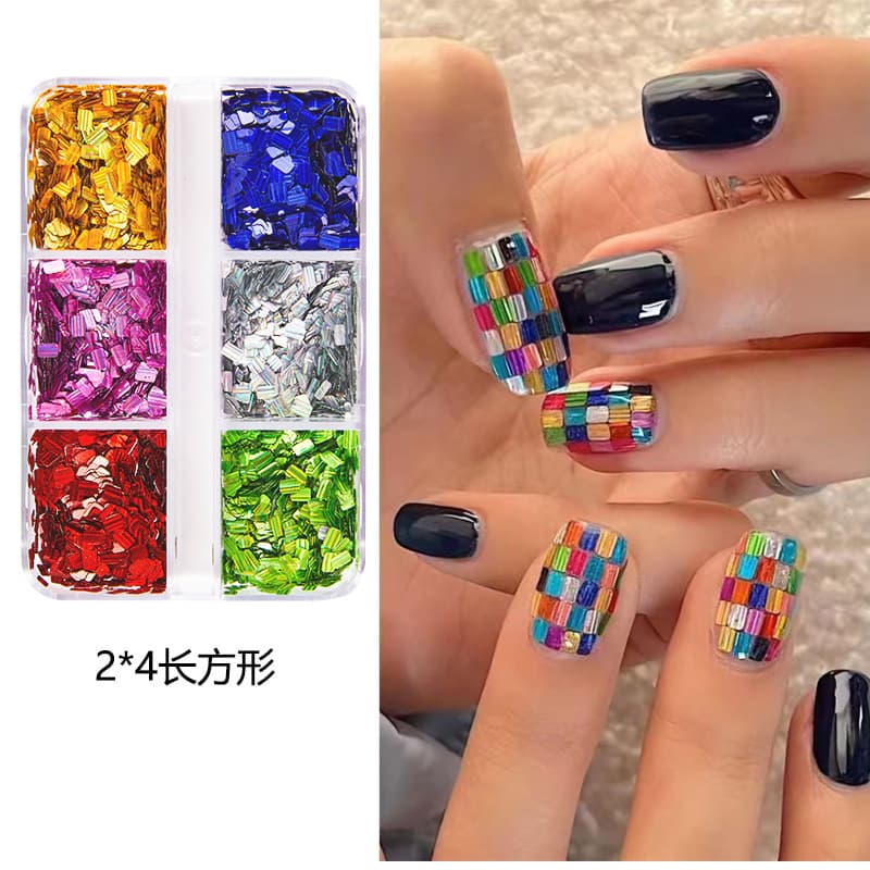 Cross-border 6-grid square holographic sequins, colorful laser block stripe patchwork nail glitter DIY nail art sequins