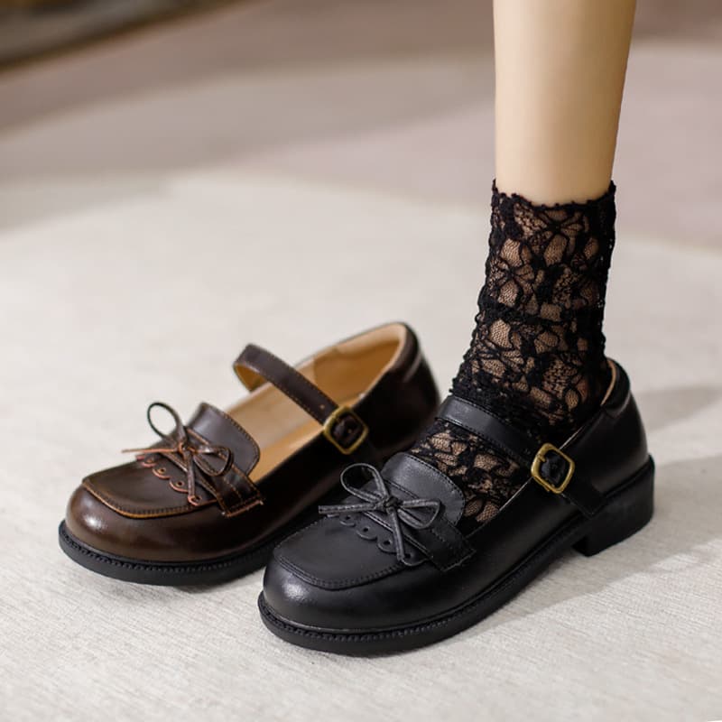 Mary Jane Flat Shoes for Women, Shallow Mouth One-Strap Buckle JK Shoes, Soft Sole Bow Chunky Heel Single Shoes, Versatile Mary Jane Shoes