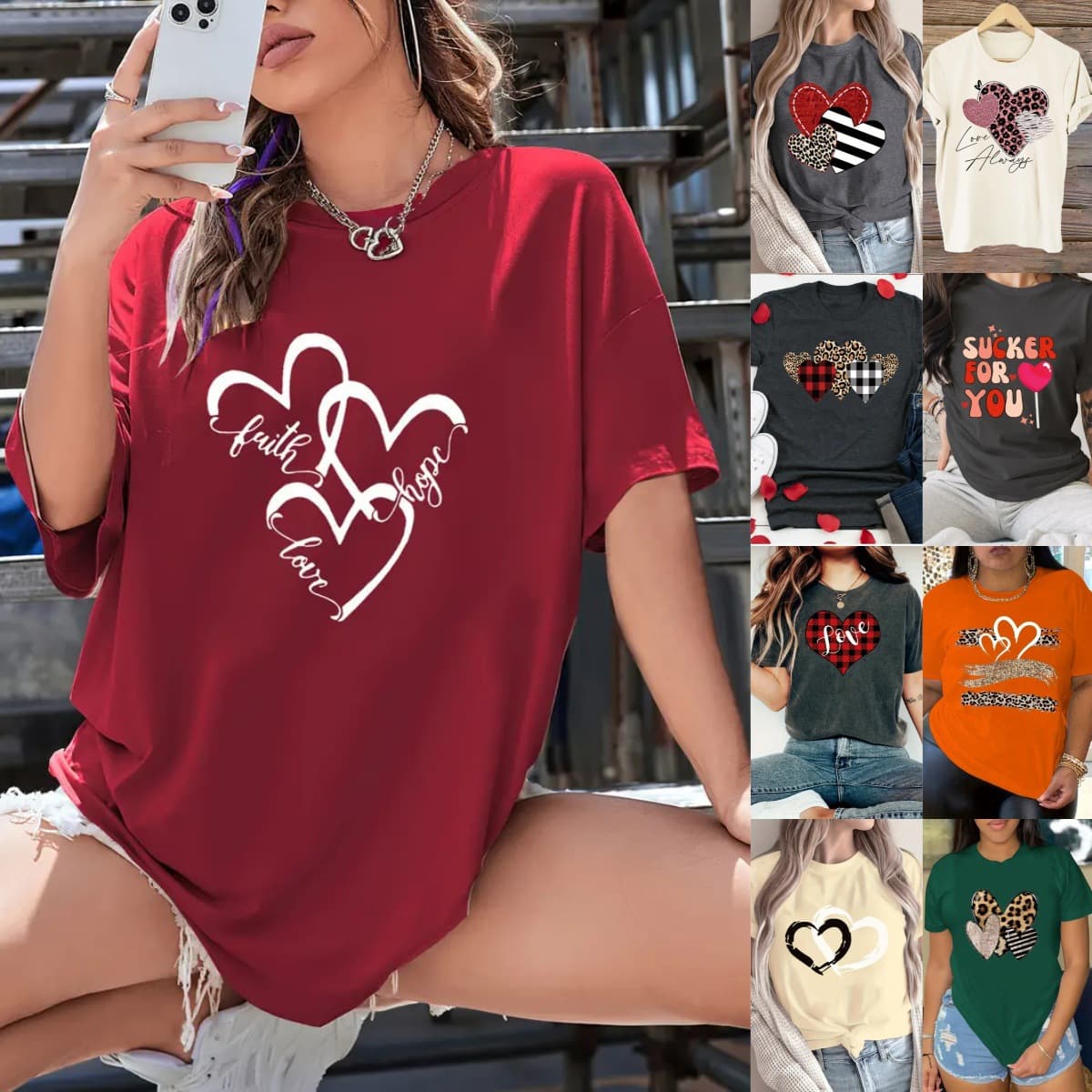 Cross-border TEMU Free Shipping Women's Short Sleeve Tops Amazon AliExpress Shopee Valentine's Day Heart Print Round Neck Blouse