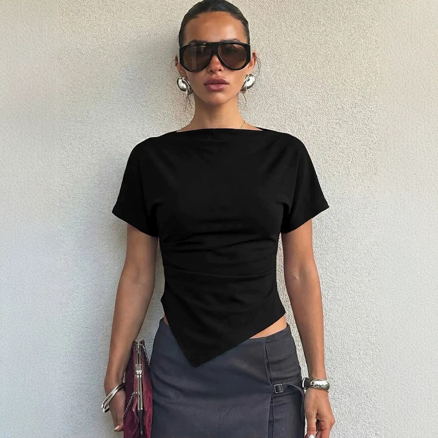 European and American cross-border Amazon independent station spring and summer new AliExpress slim pleated irregular short-sleeved T-shirt tops