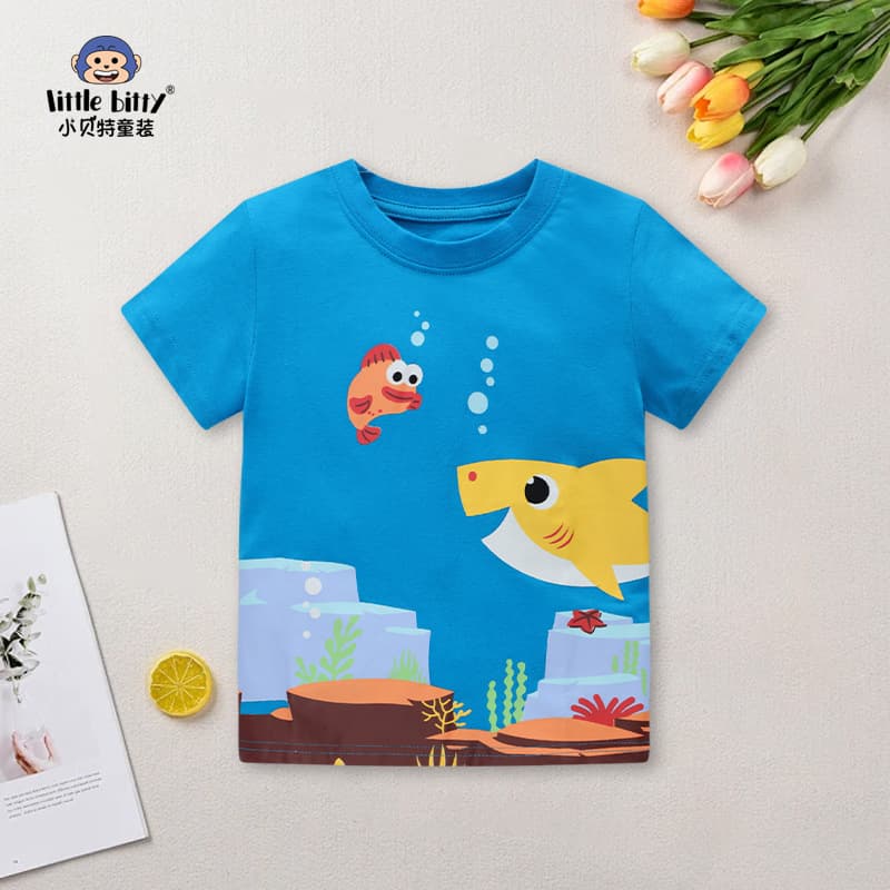 Summer Short Sleeve Children's T-shirt Round Neck Half Sleeve Cartoon Print Ocean World Soft Polyester Fabric Moisture Wicking