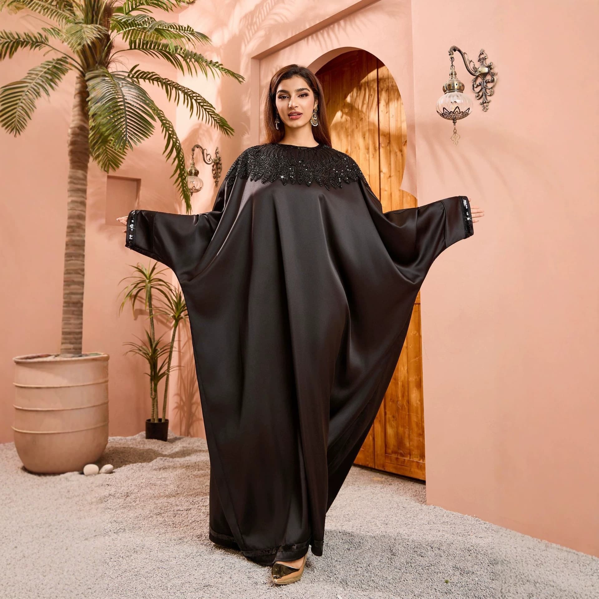 UNI007 Loose Satin Long Dress Fashionable Elegant Robe Neckline with Beads