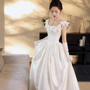 French high-end white satin strapless dress one-shoulder bow decoration train bride wedding main dress