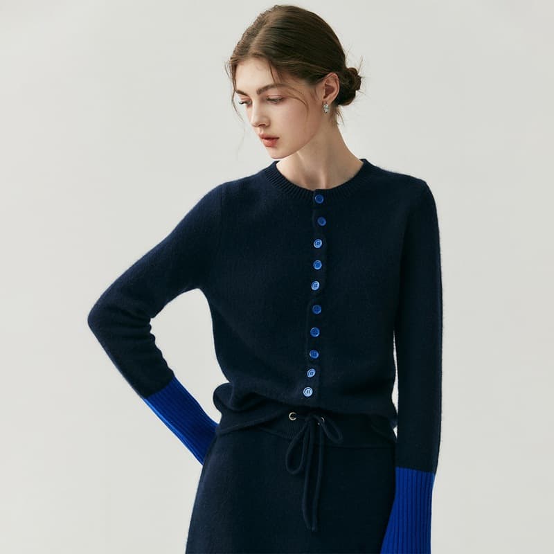 Luxury cashmere autumn/winter cashmere cardigan round neck women's elegant versatile cuff color-block knit sweater jacket